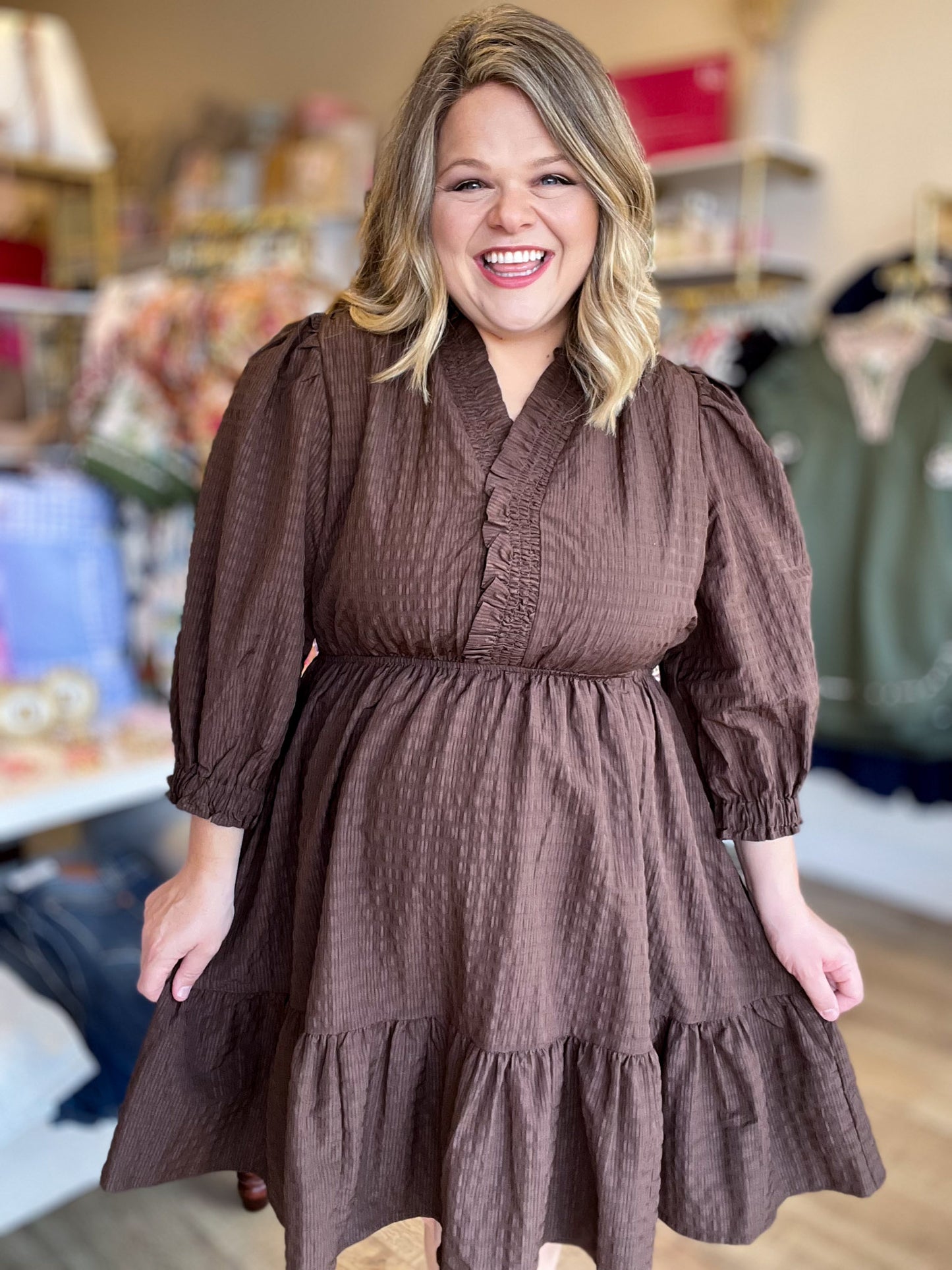 Sweet Like Pecan Pie Curvy Ruffle Trim Babydoll Dress