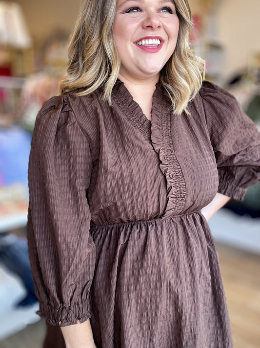 Sweet Like Pecan Pie Curvy Ruffle Trim Babydoll Dress