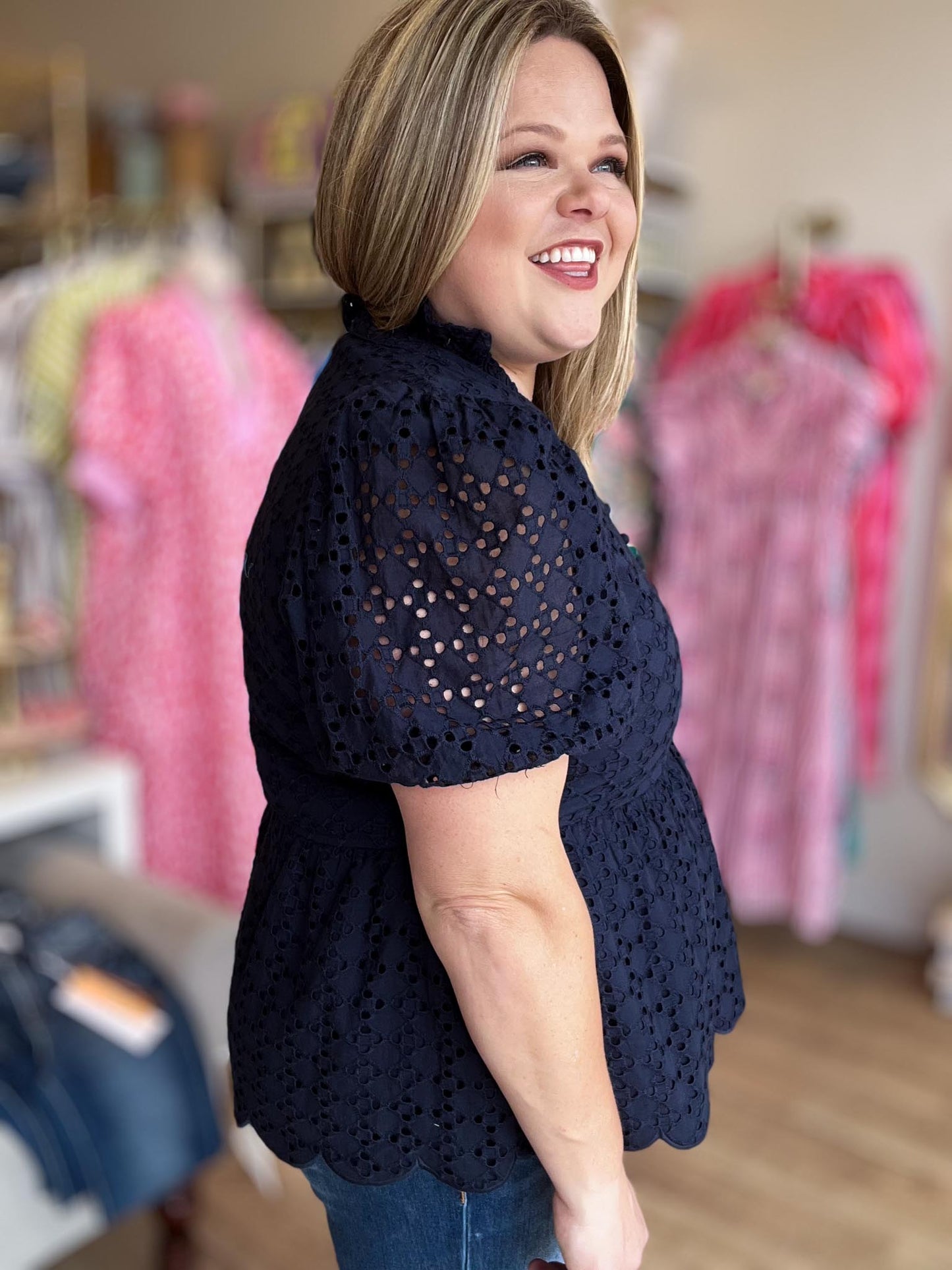 Sweet Statement Curvy Navy Eyelet Peplum Top