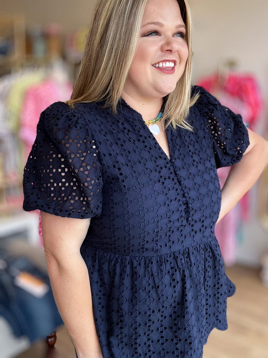 Sweet Statement Curvy Navy Eyelet Peplum Top