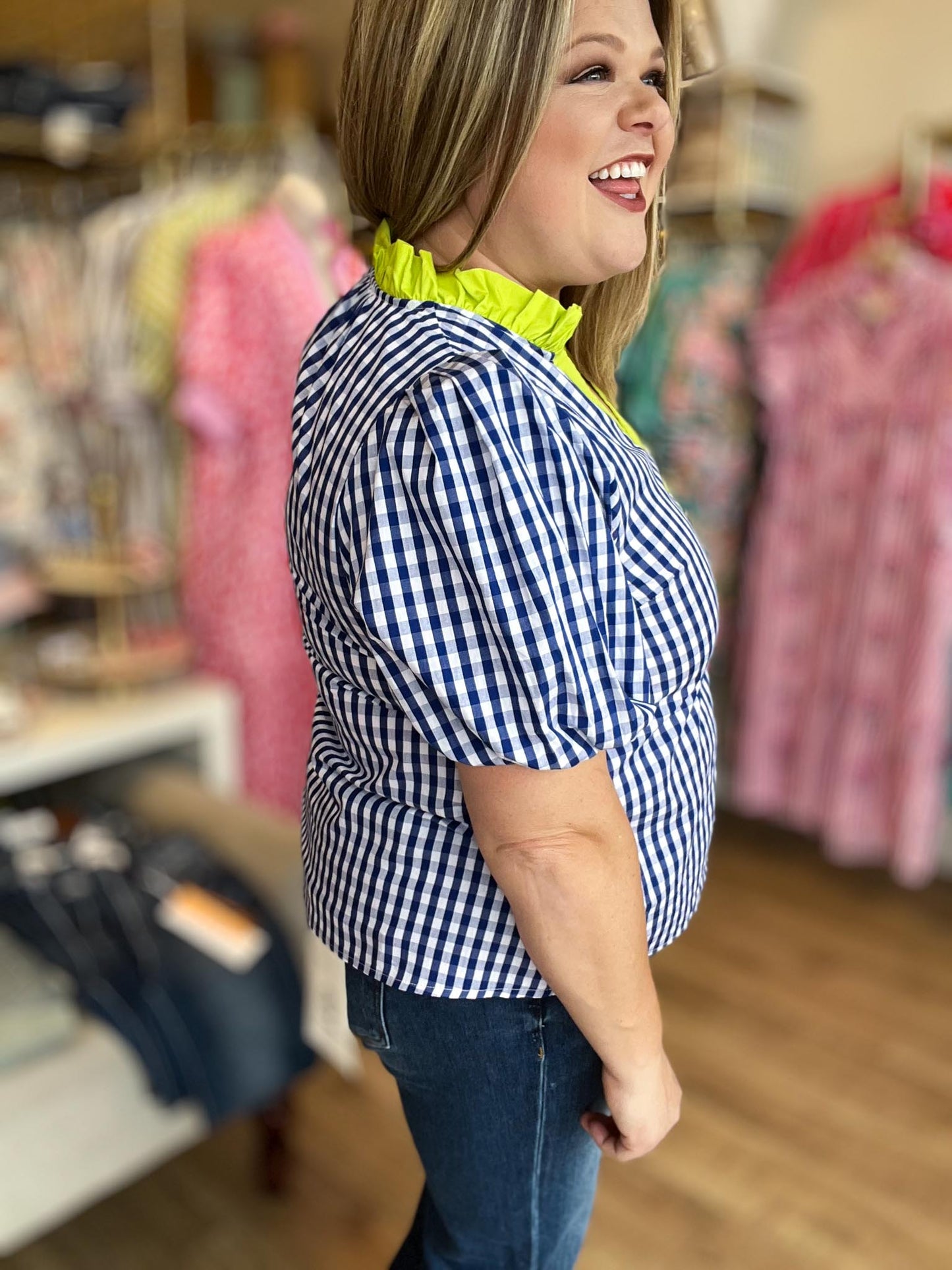 Sweet Tea & Sunshine Top Curvy Blue Gingham Top