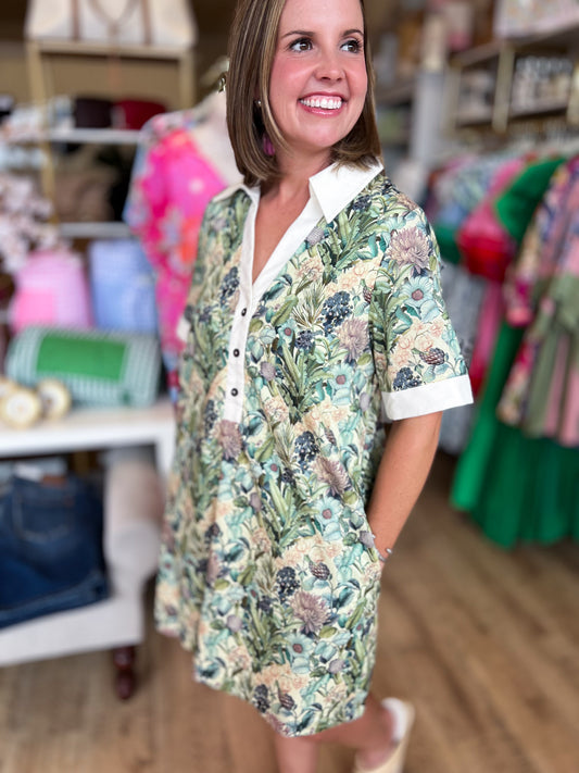 Tansy Tapestry Olive Floral Mini Dress