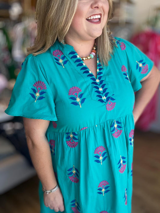 Teal Treasure Curvy Embroidered Midi Dress