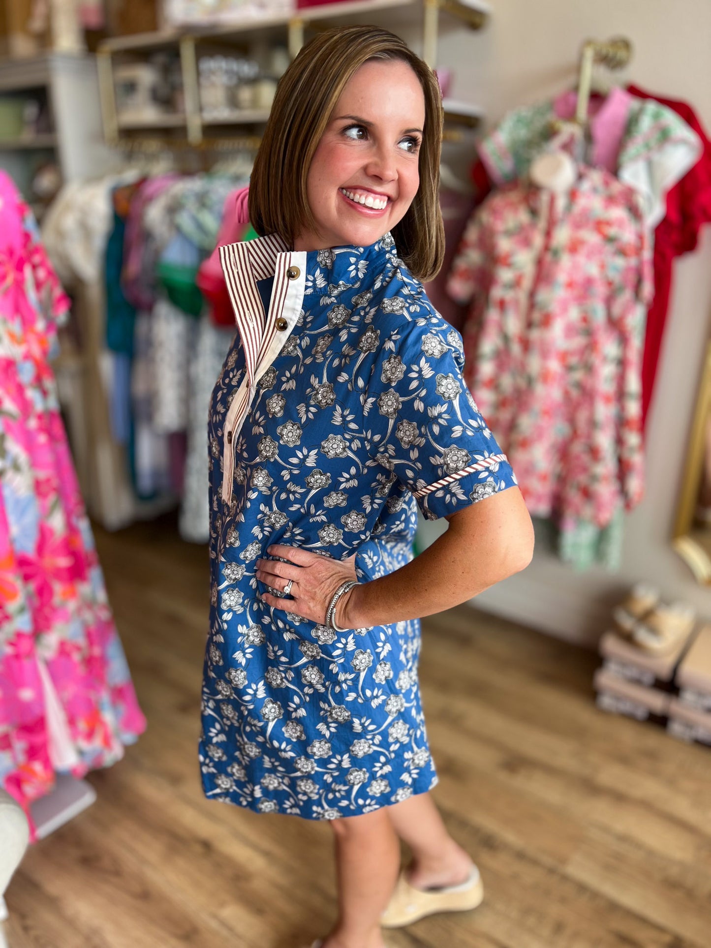 Teal & Tea Roses Blue Floral Mini Dress