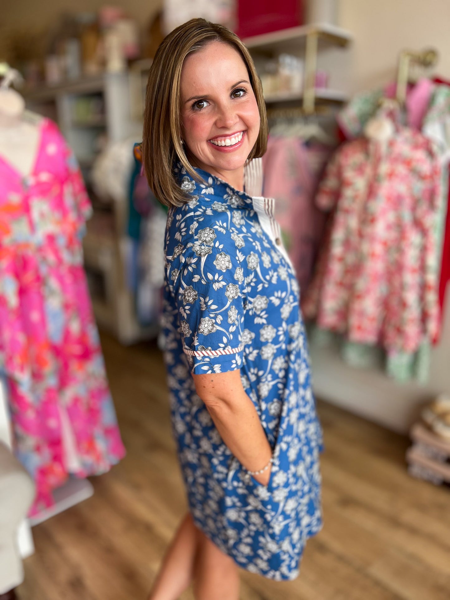 Teal & Tea Roses Blue Floral Mini Dress