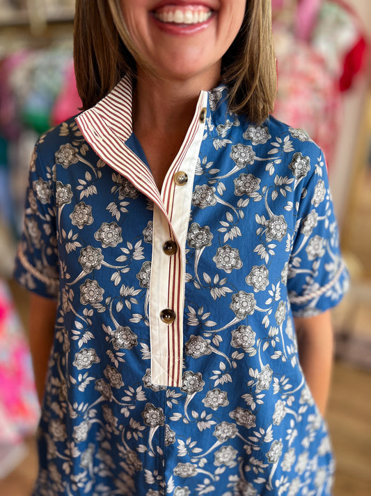 Teal & Tea Roses Blue Floral Mini Dress