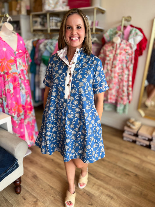 Teal & Tea Roses Blue Floral Mini Dress