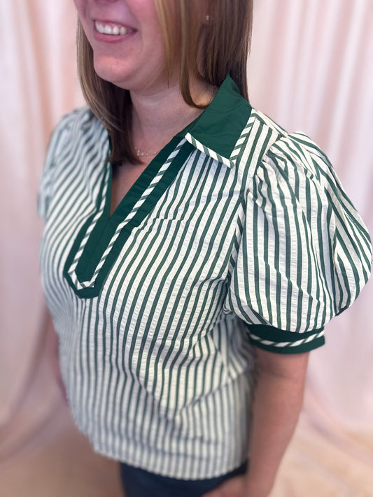 The Ball's in Your Court Green and White Stripe Top