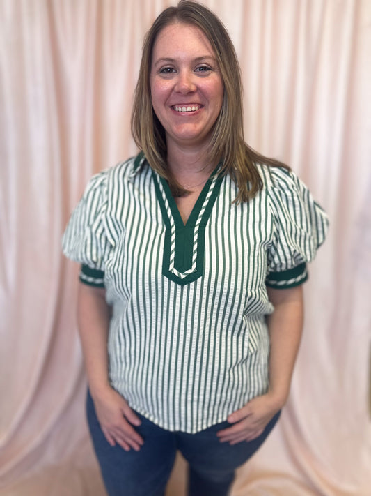 The Ball's in Your Court Green and White Stripe Top
