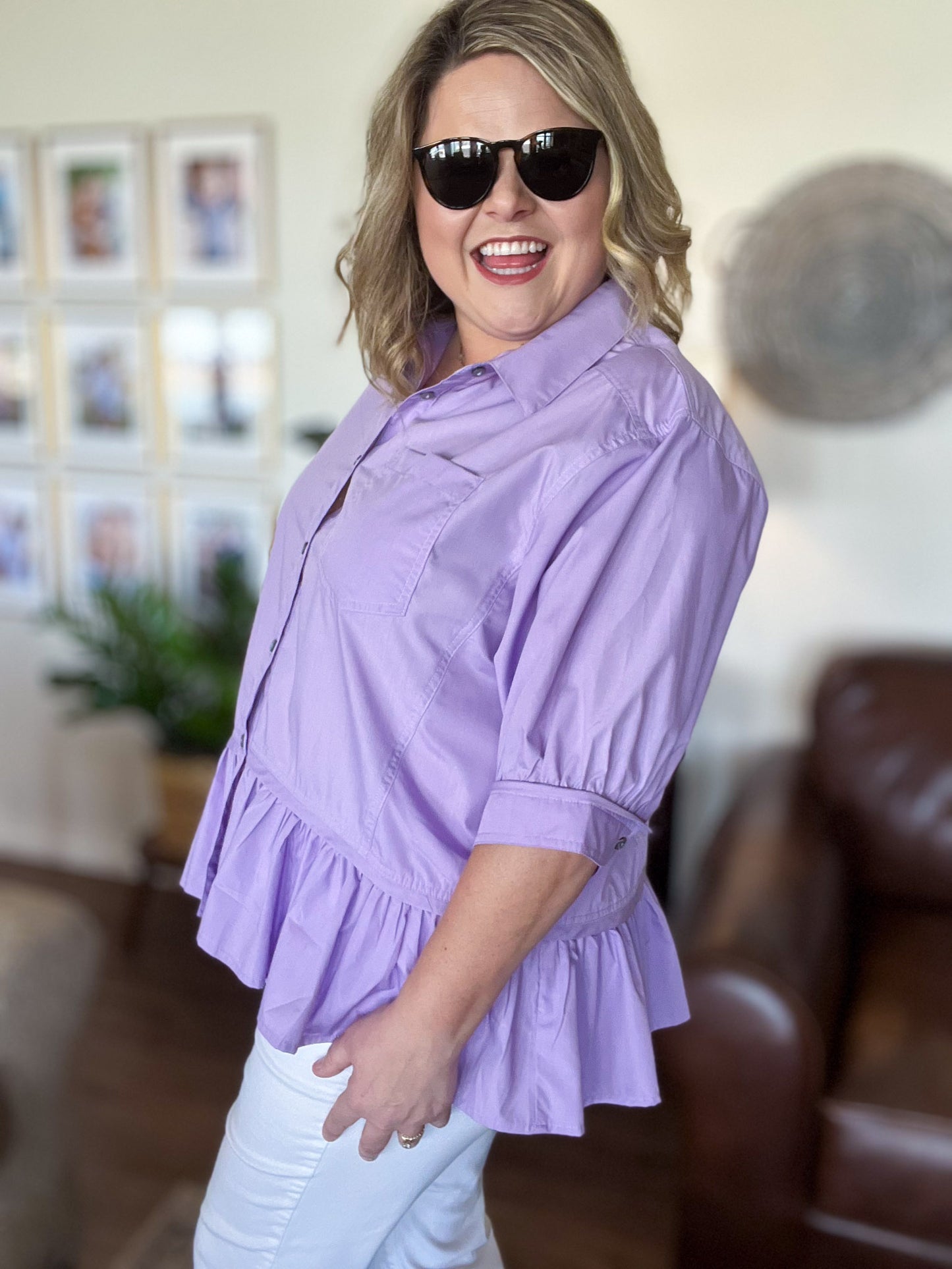 The Essential Curvy Lavender Ruffle Button Top