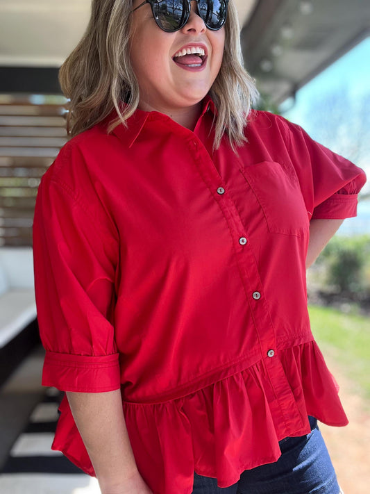 The Essential Curvy Red Ruffle Button Top
