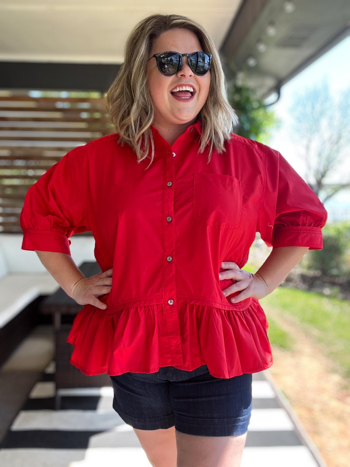 The Essential Curvy Red Ruffle Button Top