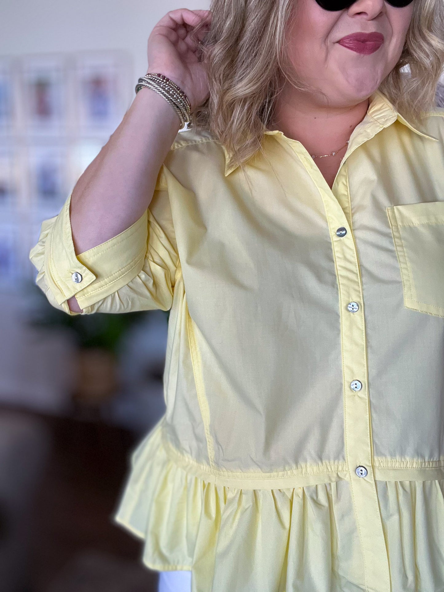 The Essential Curvy Yellow Ruffle Button Top