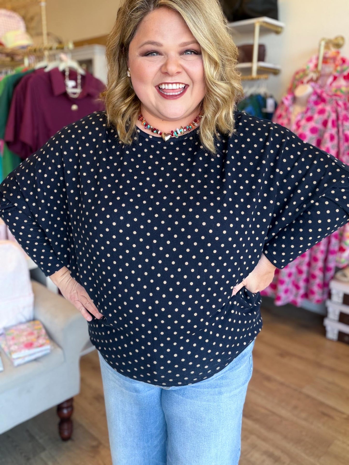 The Everday Dot Curvy Navy Polka Dot Top