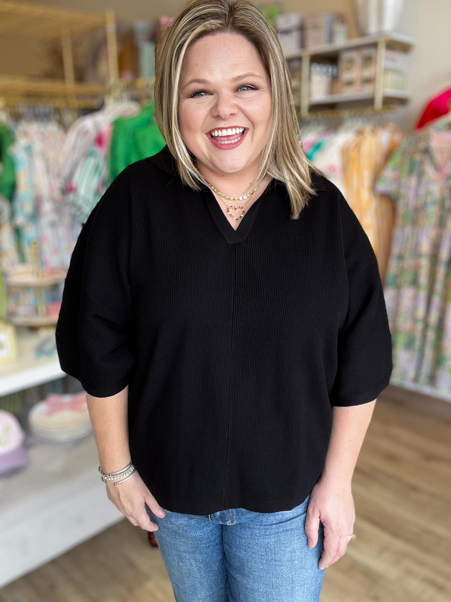 The Minimal Moment Curvy Black Knit Collar Top
