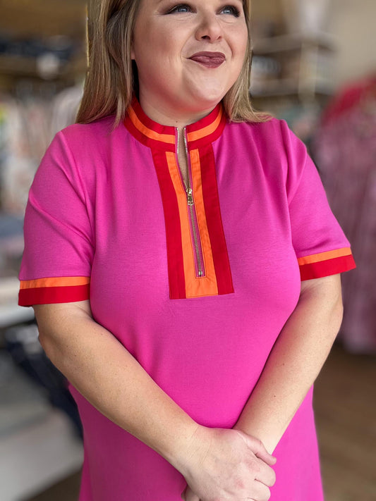 The Polished Edge Curvy Pink Contrast Trim Casual Dress