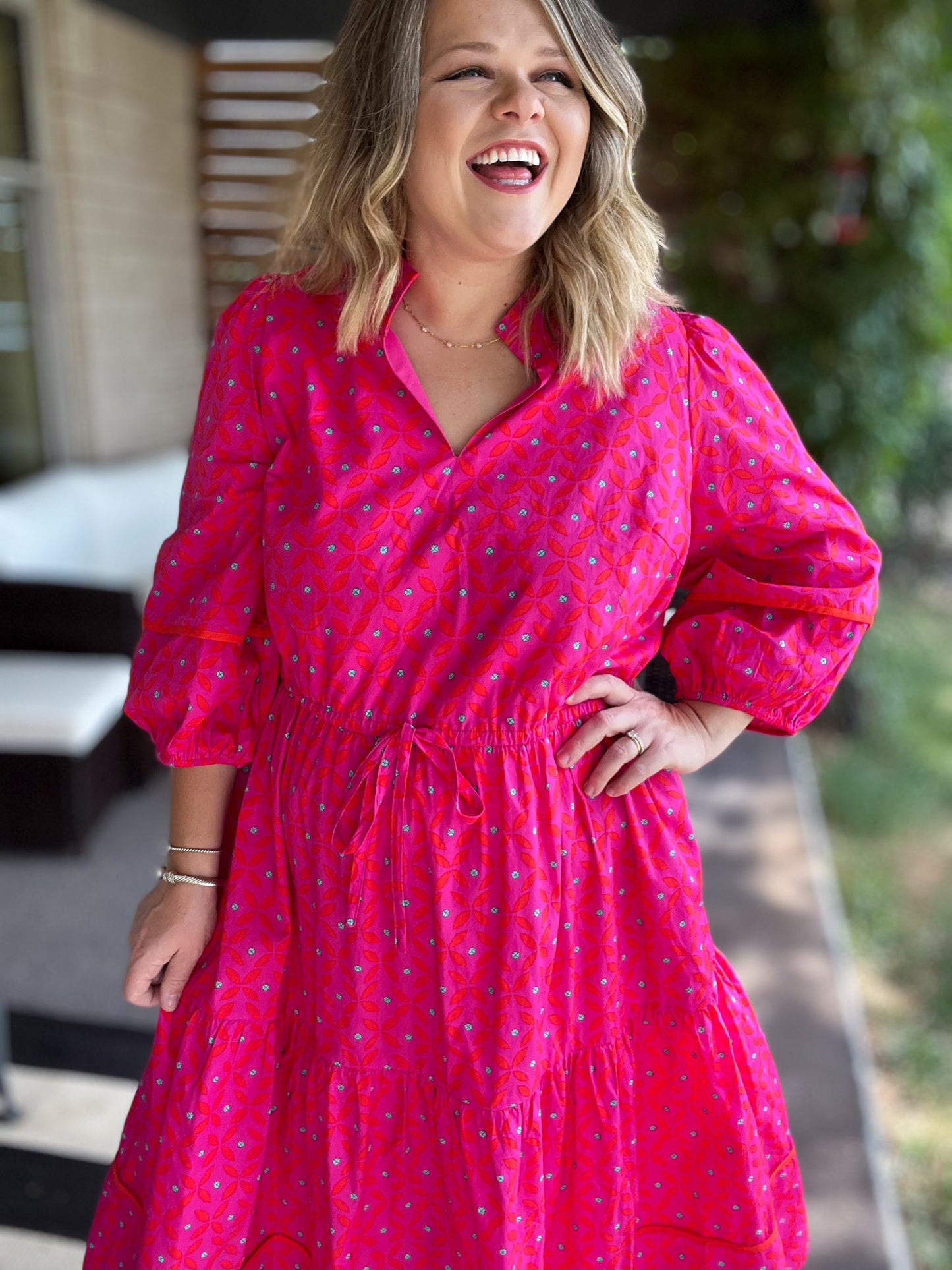 Think Pink Plus-Size Geo Floral Midi Dress
