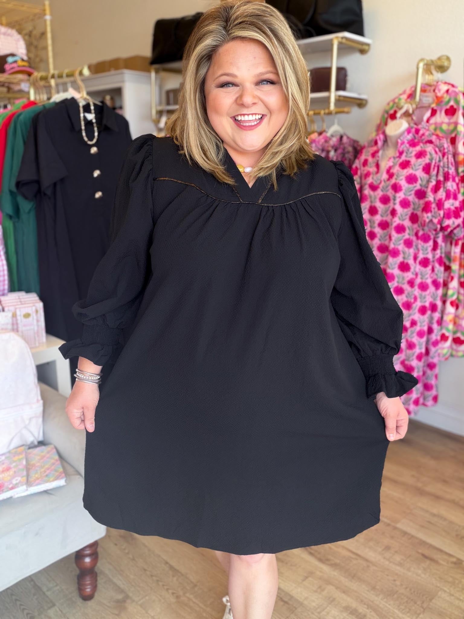 Timeless Autumn Curvy Black Long Sleeve Mini Dress – Katherine Parker Designs