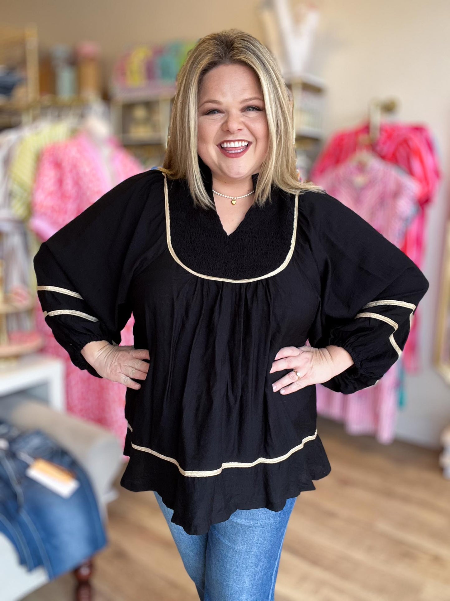 Timeless Touch Curvy Black Balloon Sleeve Top
