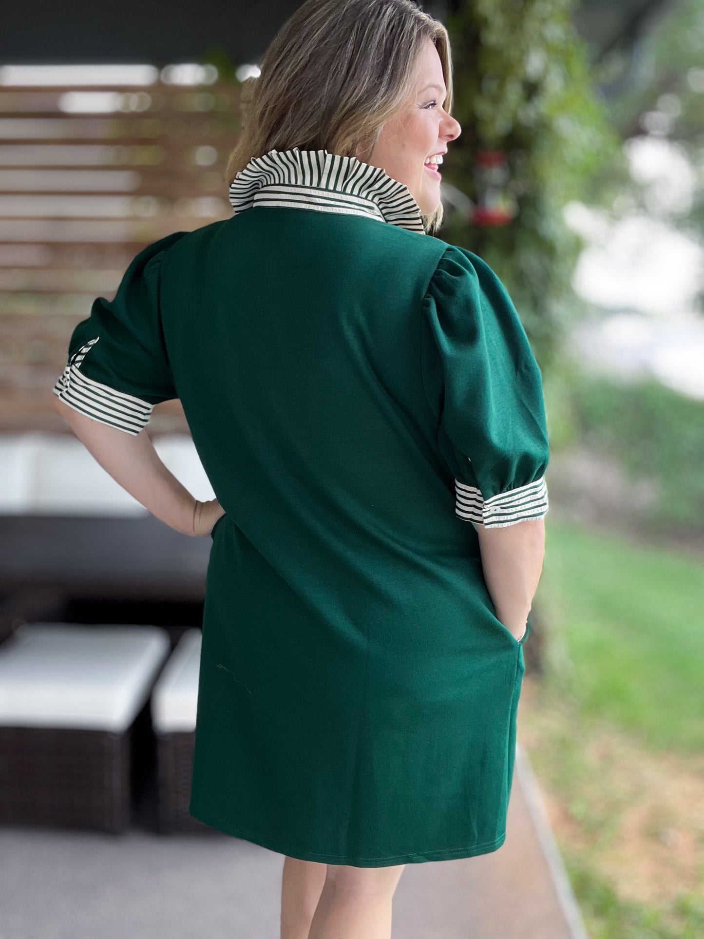 To Laugh Like a Brook Curvy Green Ruffle Collar Dress