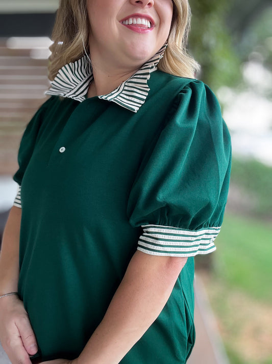 To Laugh Like a Brook Curvy Green Ruffle Collar Dress