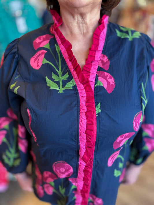 Twilight Garden Curvy Ruffle Trim Blouse