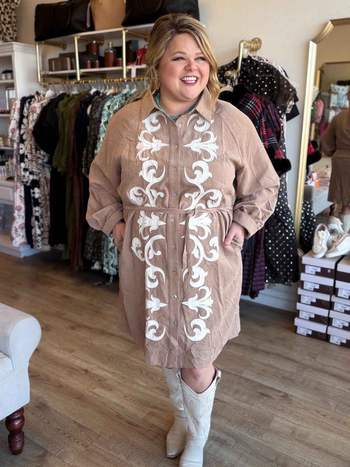 Uptown Rodeo Plus-Size Camel Embroidered Mini Dress