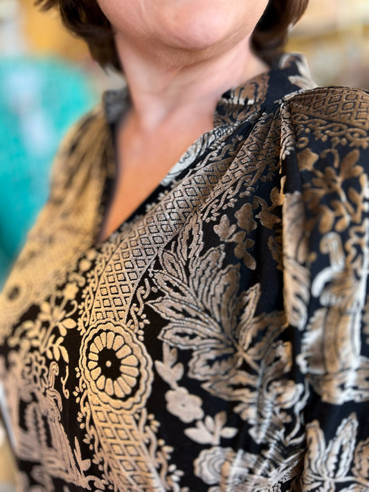 Velvet Fireside Curvy Black & Gold Damask Top