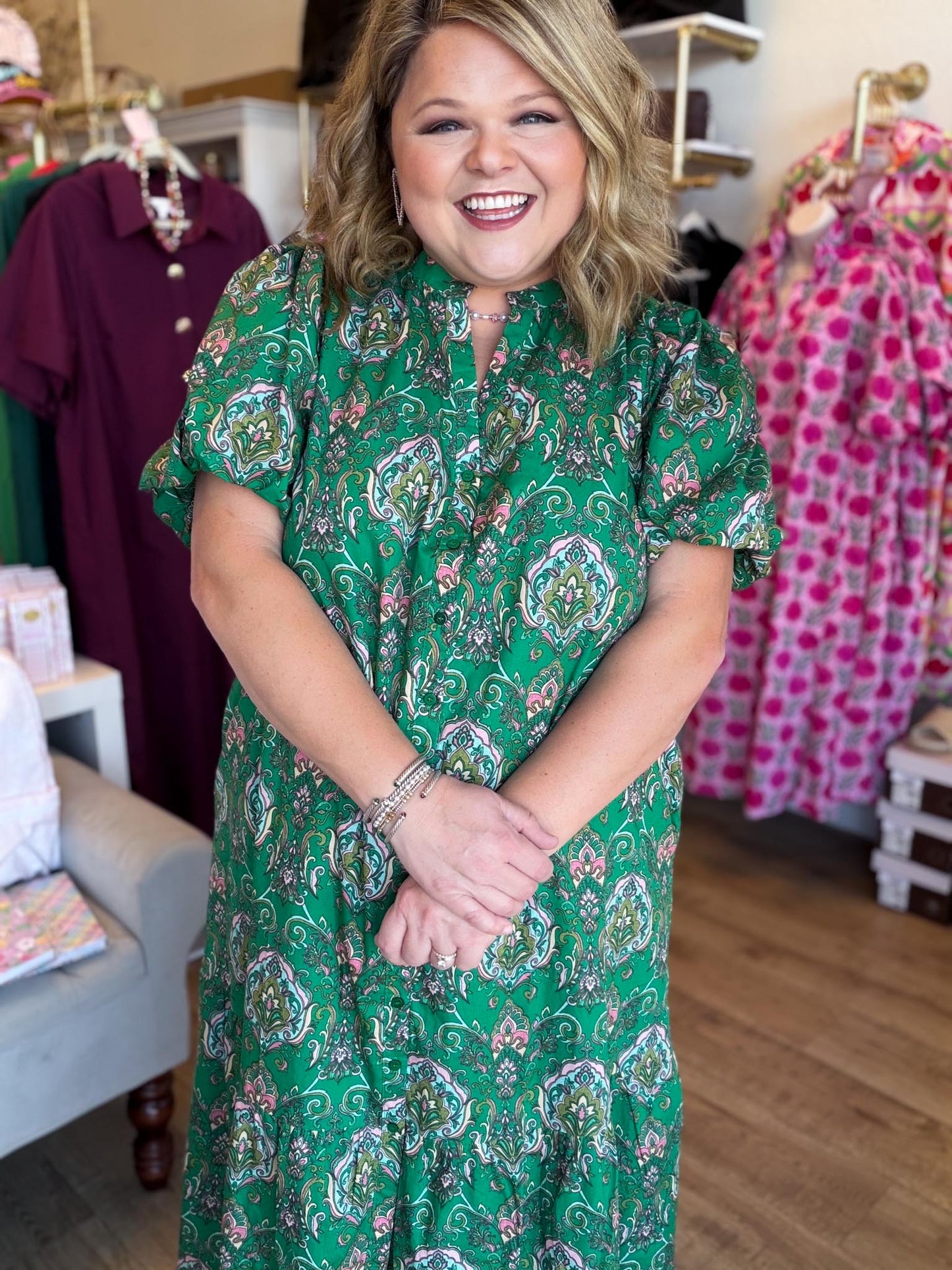 Vintage Vines Plus-Size Button Down Midi Dress