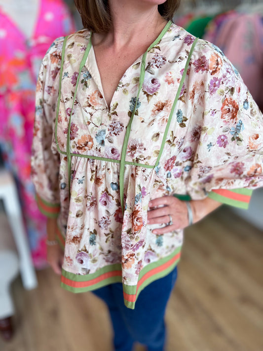 Whimsy Wisteria Curvy Ecru Floral Top