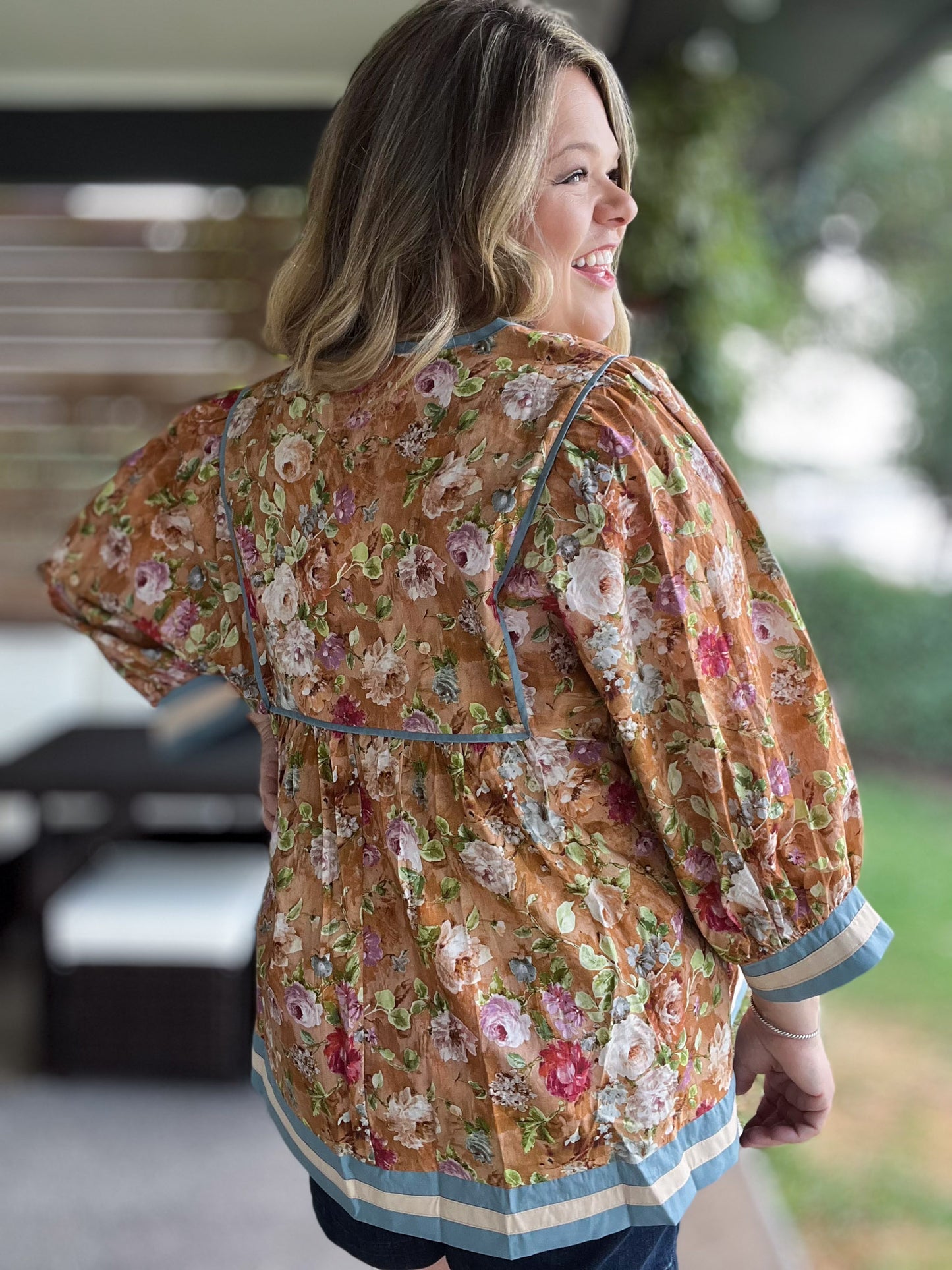 Whimsy Wisteria Curvy Terra Cotta Floral Top