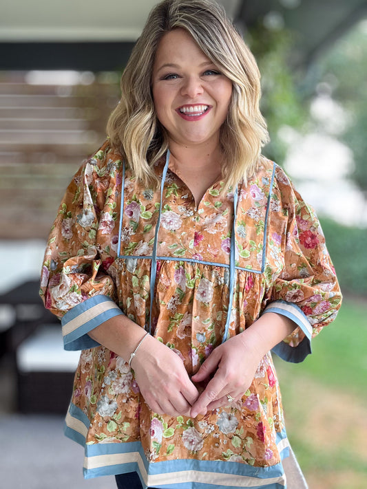 Whimsy Wisteria Curvy Terra Cotta Floral Top