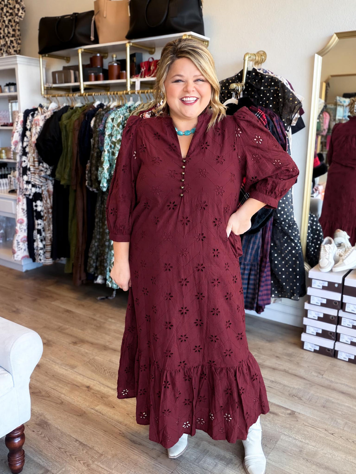 Whispers of Winter Burgundy Eyelet Midi Dress