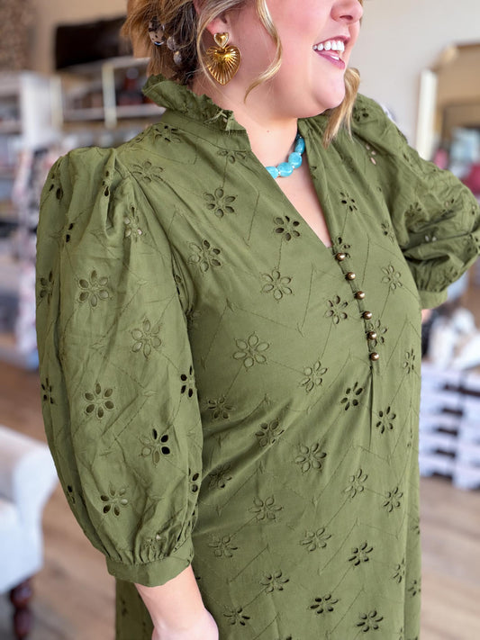 Whispers of Winter Curvy Olive Eyelet Midi Dress