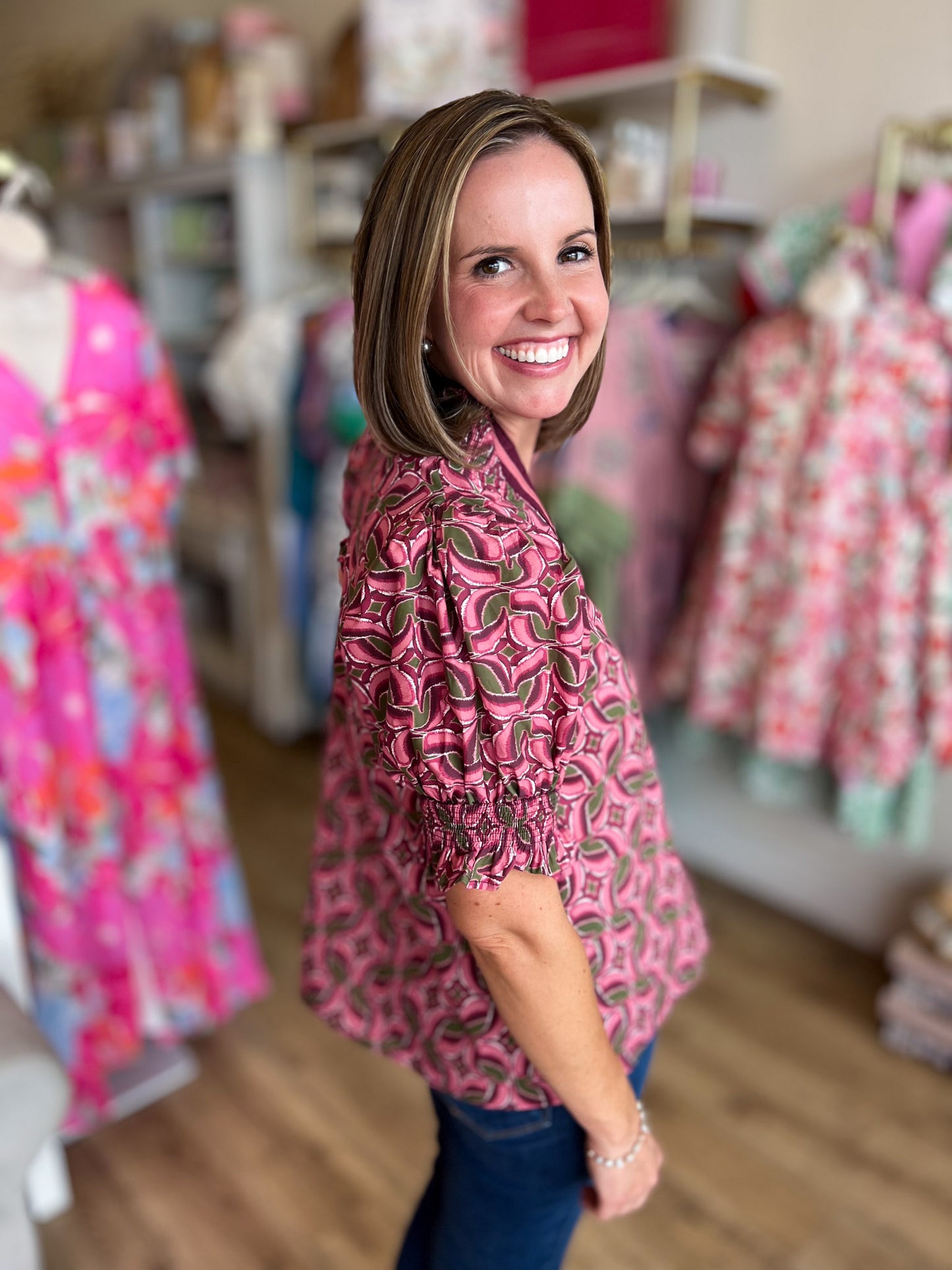Wine & Whimsy Curvy Abstract Smocked Top
