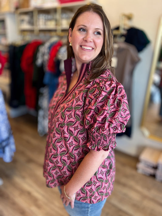 Wine & Whimsy Curvy Abstract Smocked Top