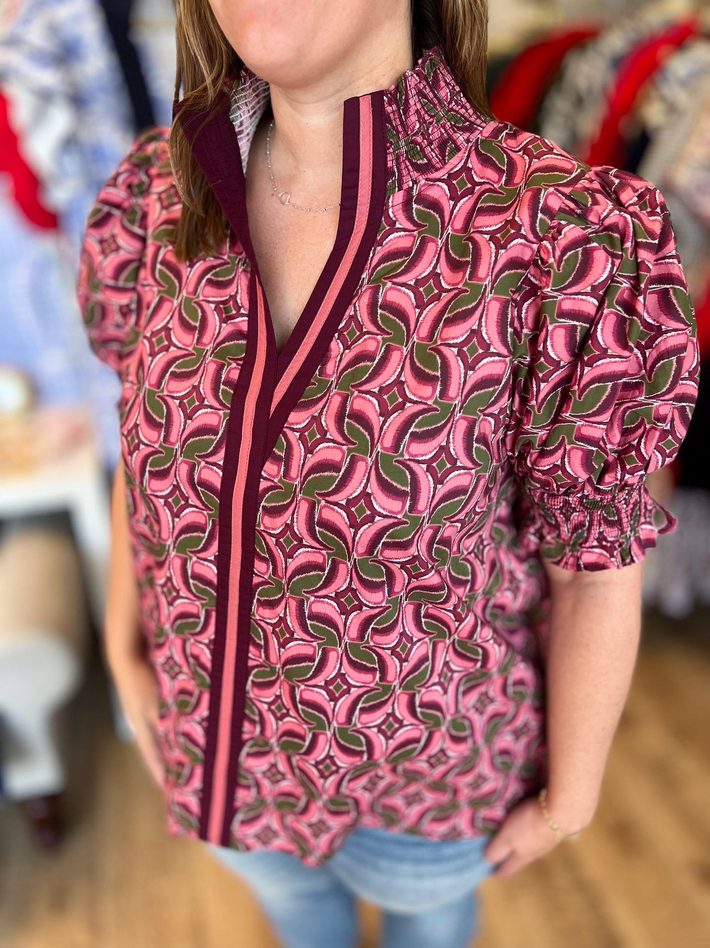 Wine & Whimsy Curvy Abstract Smocked Top