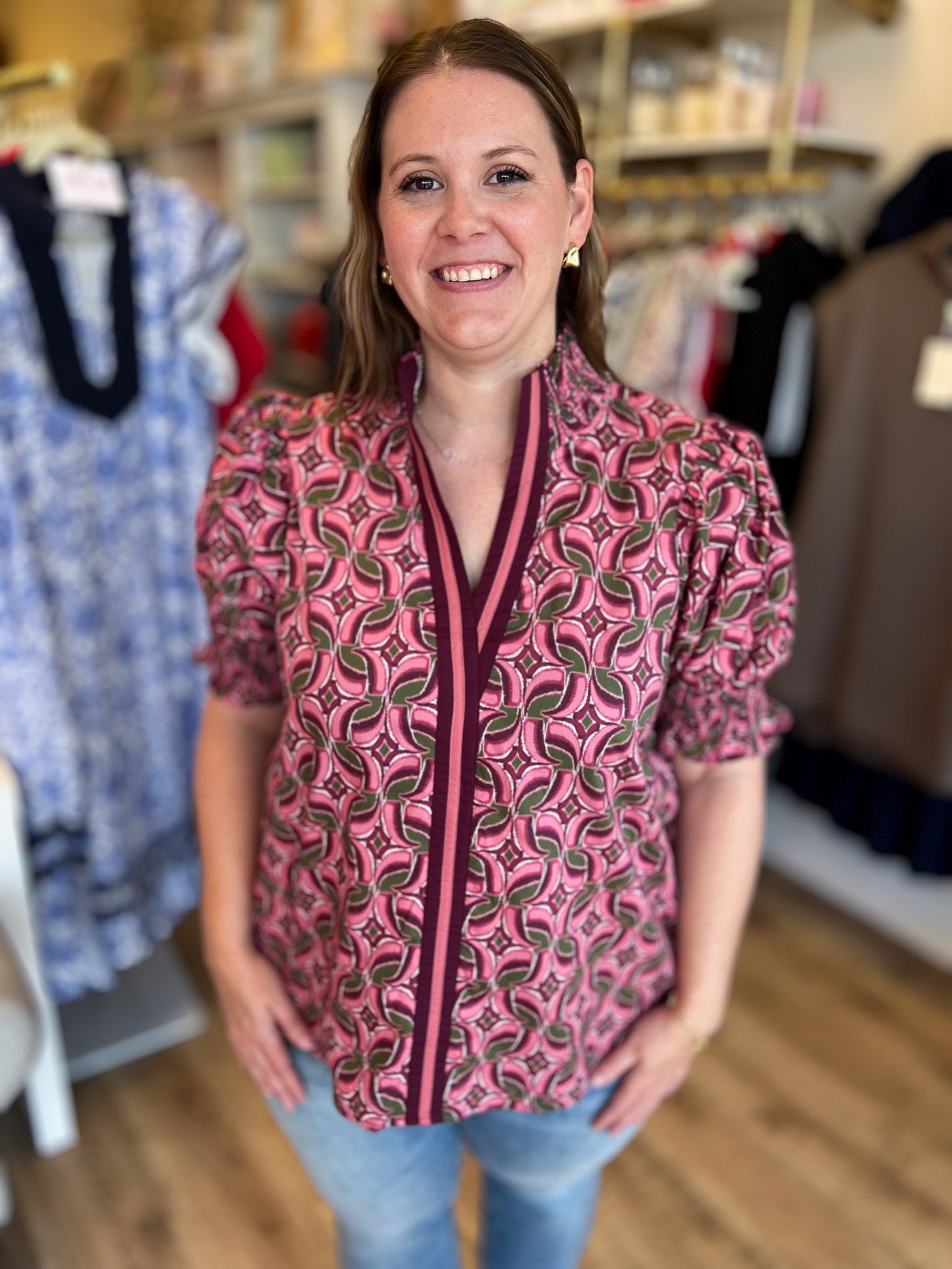 Wine & Whimsy Curvy Abstract Smocked Top
