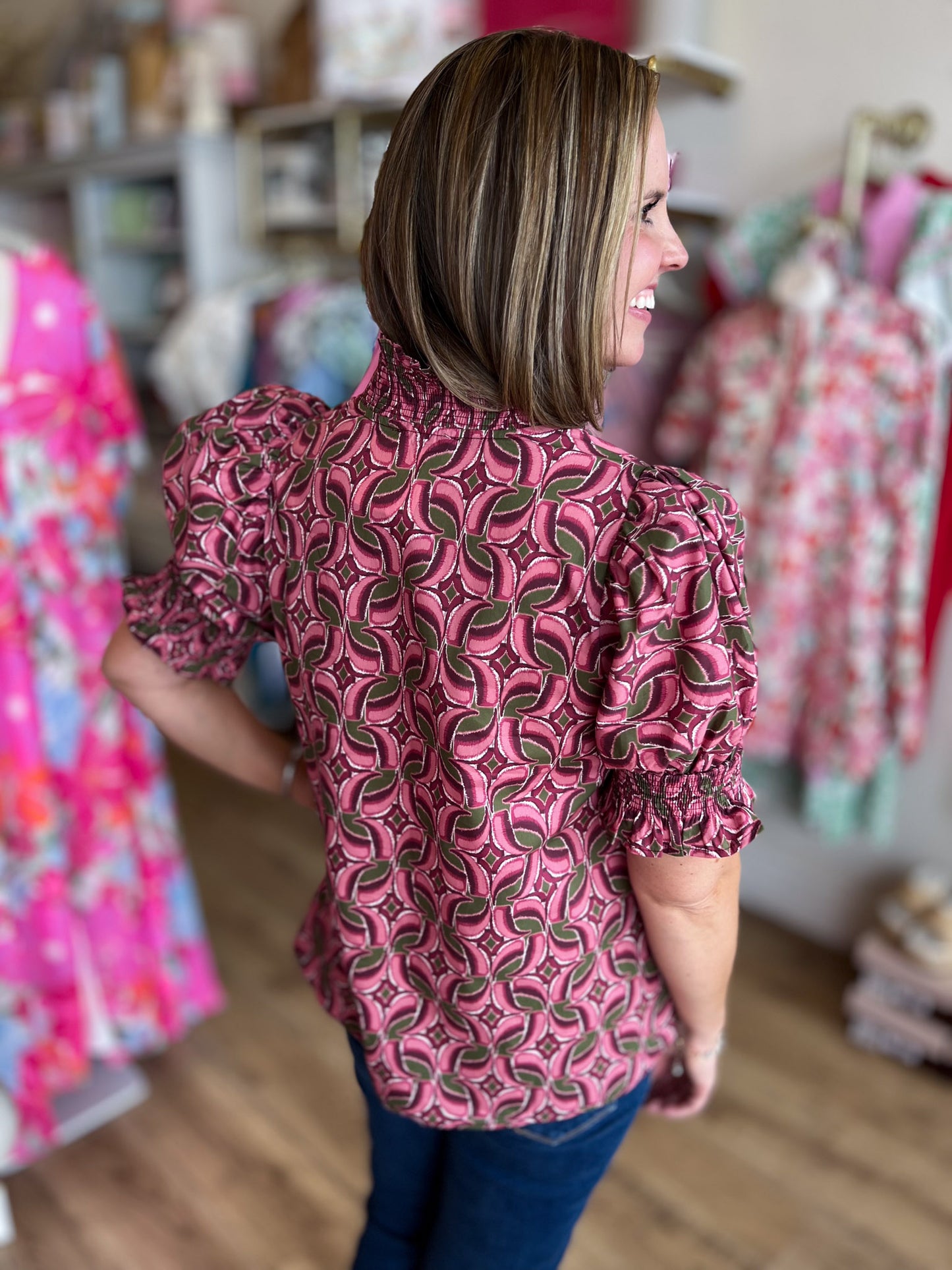 Wine & Whimsy Curvy Abstract Smocked Top