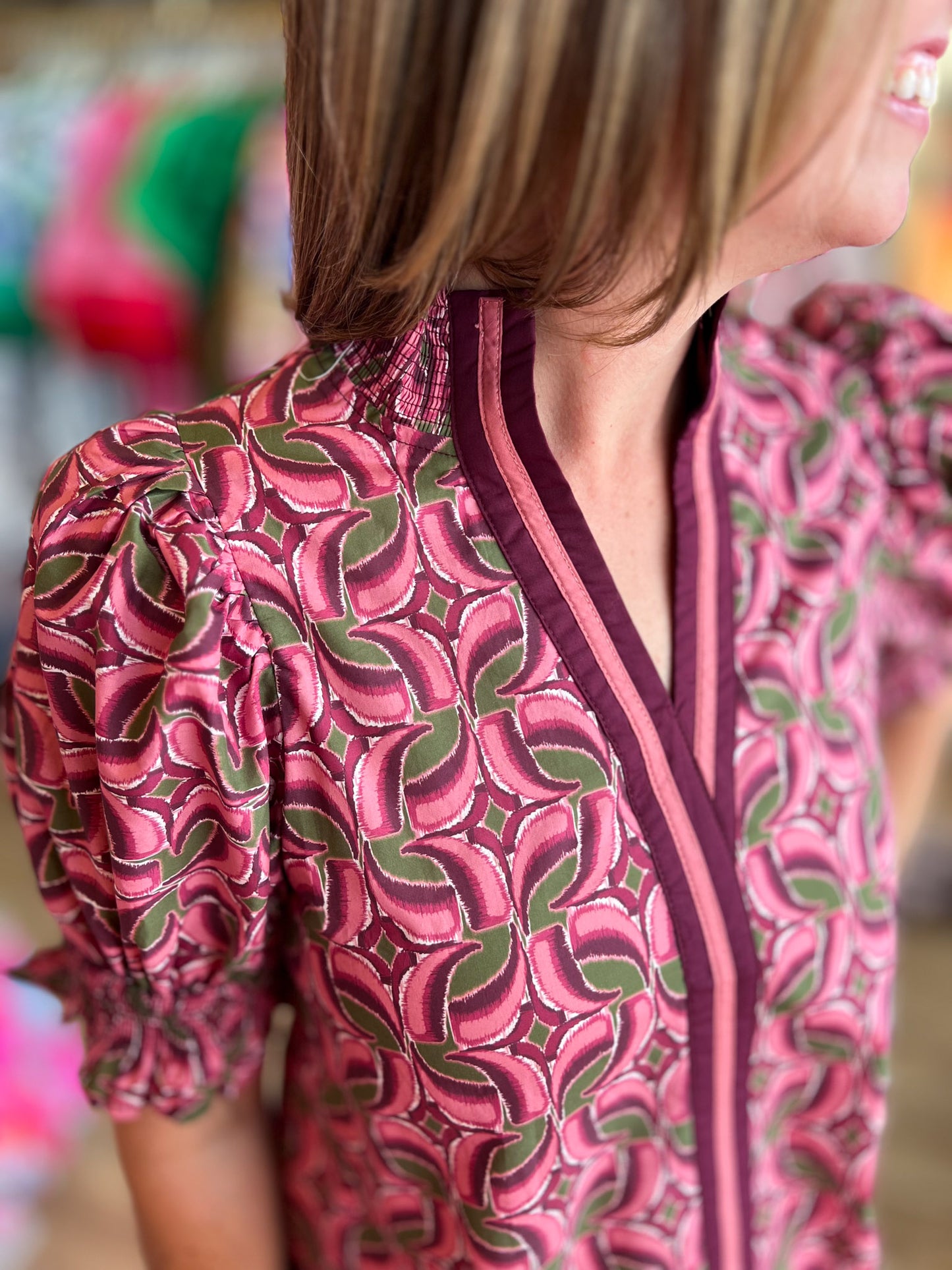 Wine & Whimsy Curvy Abstract Smocked Top