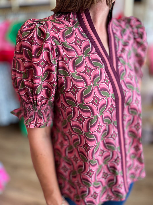 Wine & Whimsy Curvy Abstract Smocked Top