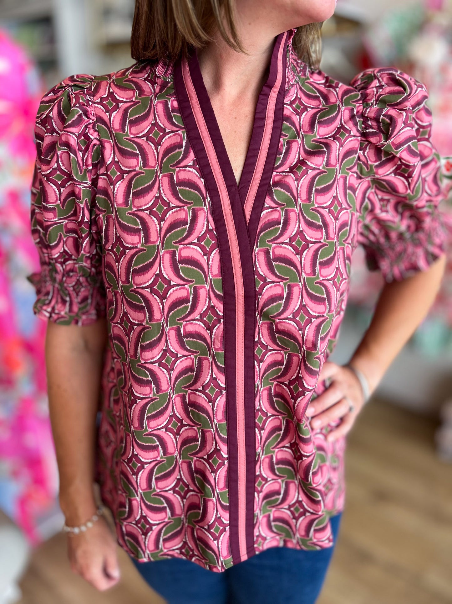 Wine & Whimsy Curvy Abstract Smocked Top