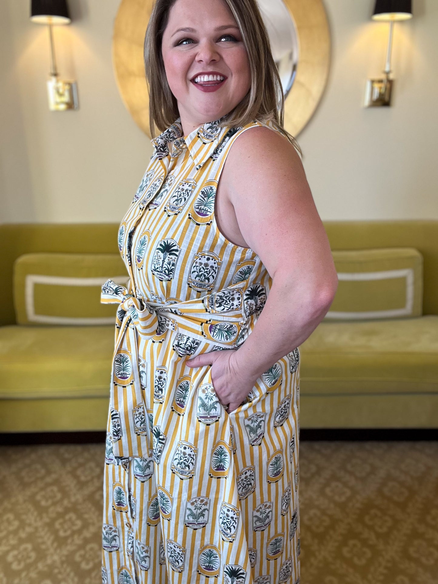 Wish You Were Here Curvy Striped Gold Midi Dress