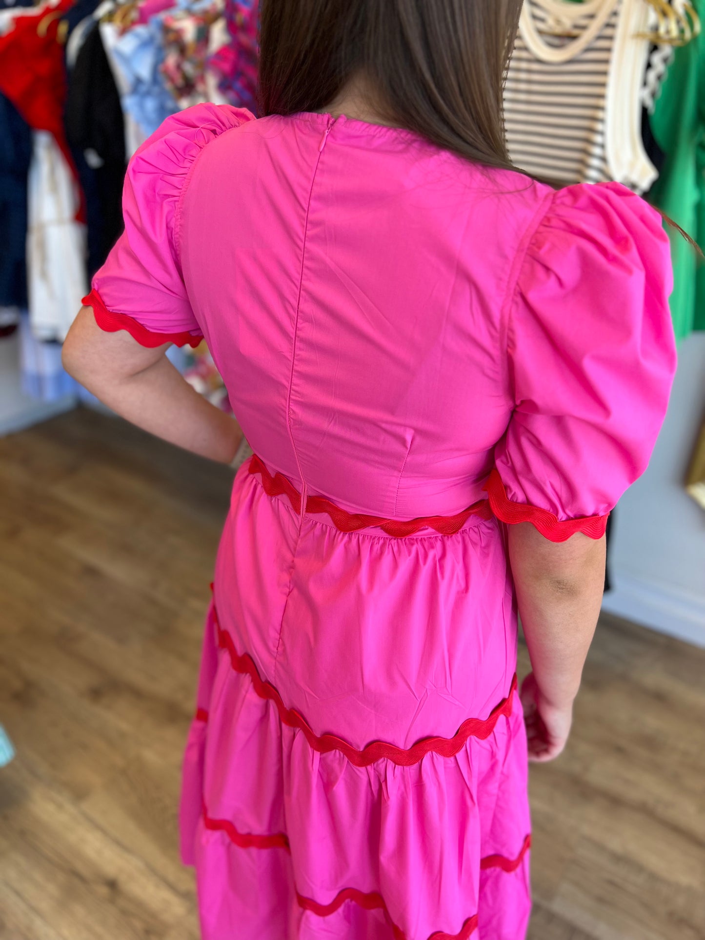 "Star of the Show" Red and Pink Ric Rac Midi Dress