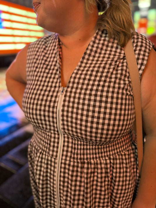 Juliet Check Curvy Brown Gingham Midi Dress