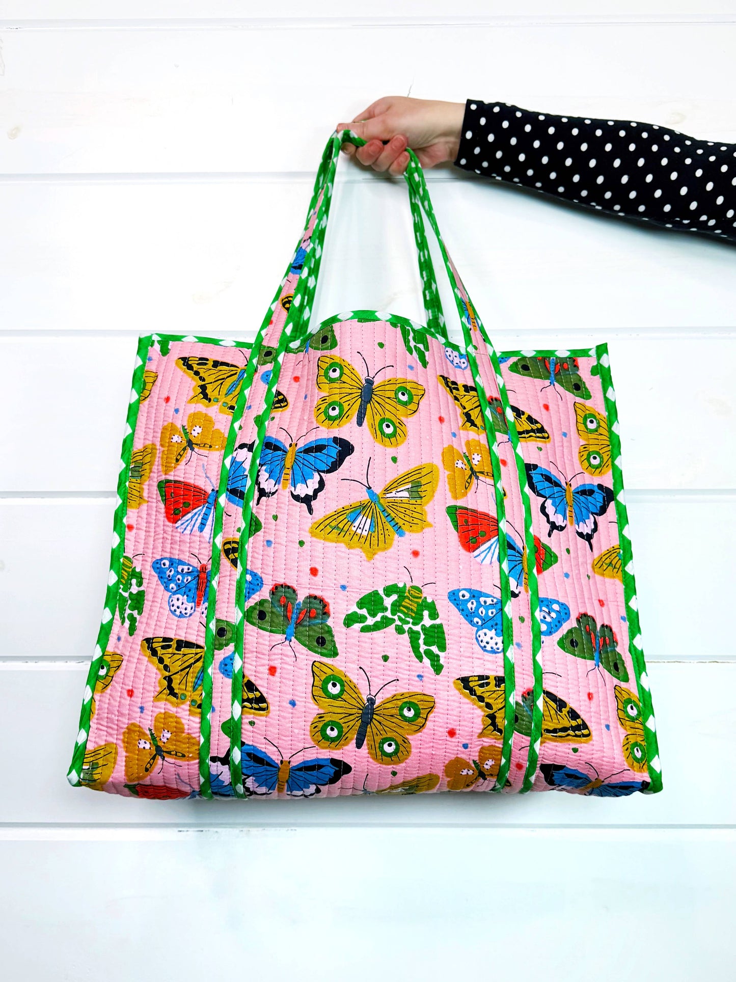 Pink Butterfly Print Large Quilted Tote Bag