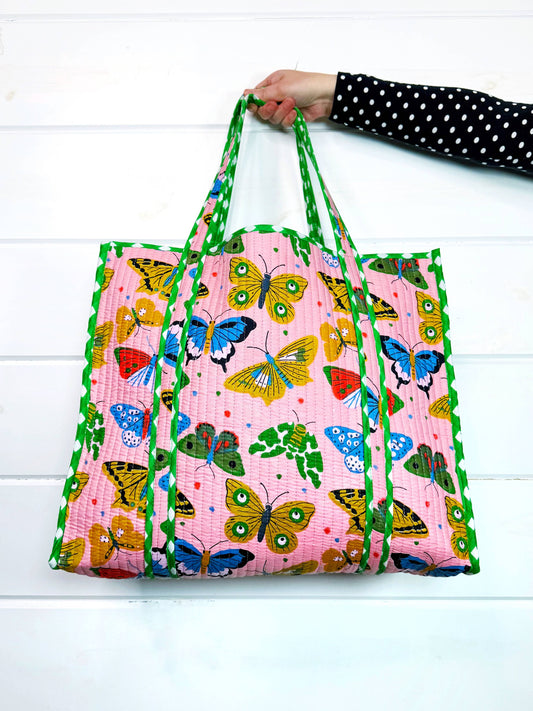 Pink Butterfly Print Large Quilted Tote Bag