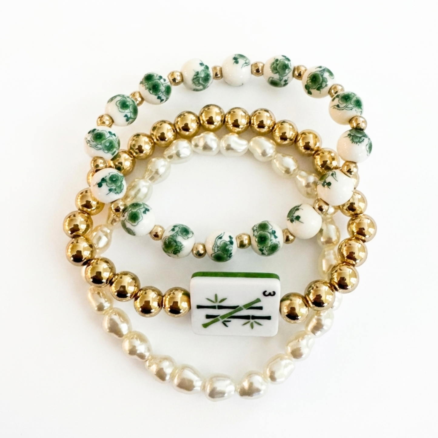 Jade Bamboo Mahjong Stretch Bracelet Set