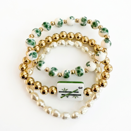 Jade Bamboo Mahjong Stretch Bracelet Set