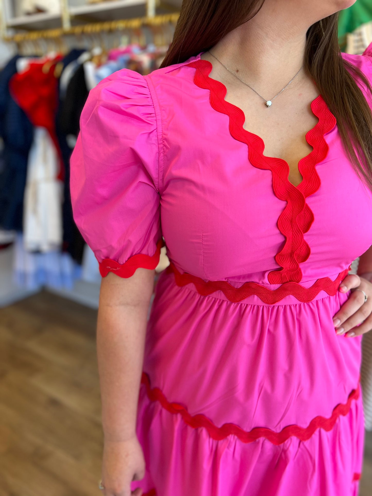 "Star of the Show" Red and Pink Ric Rac Midi Dress